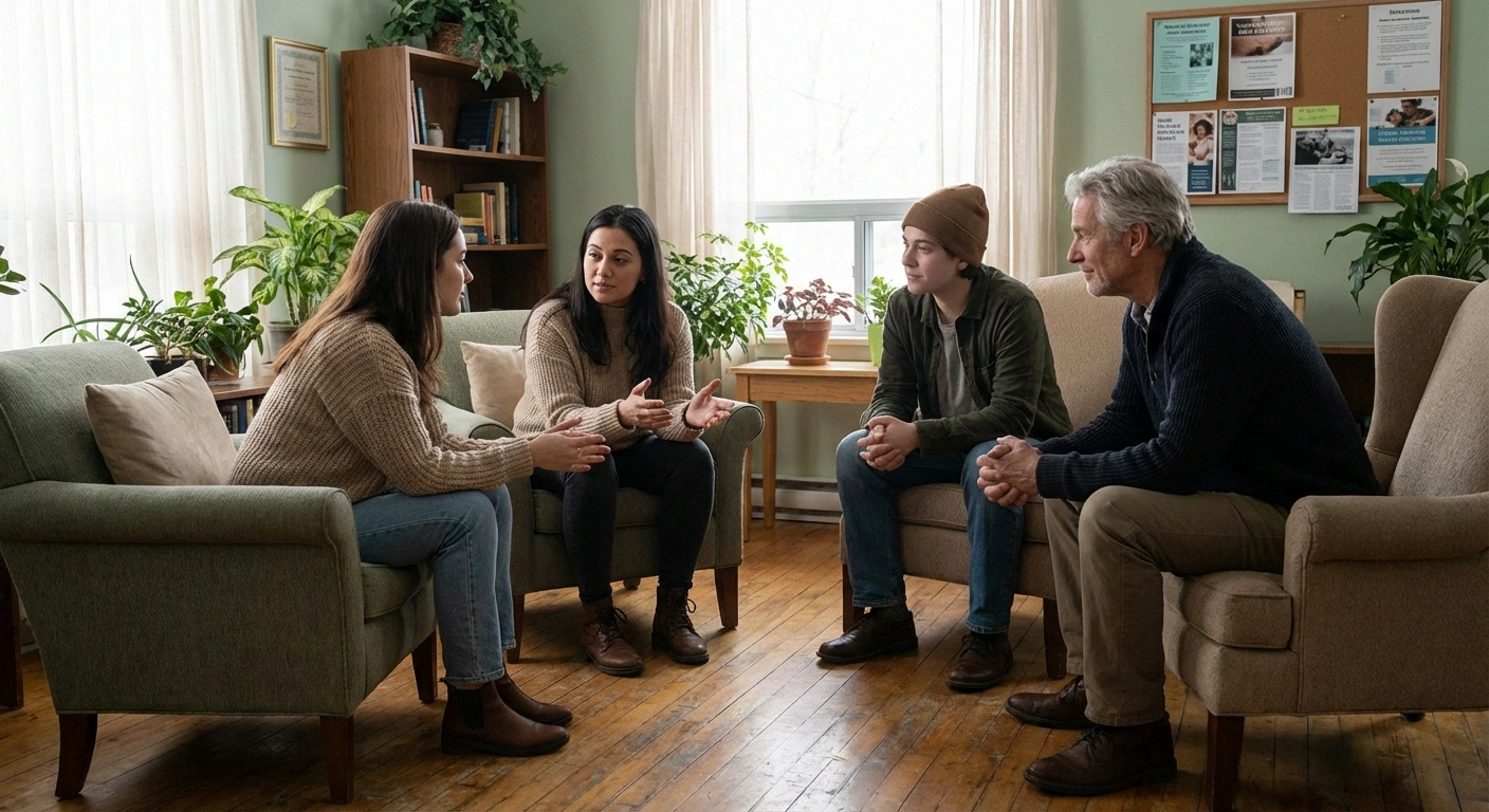 Small support group meeting with people sharing experiences about living with trigeminal neuralgia in a warm community room