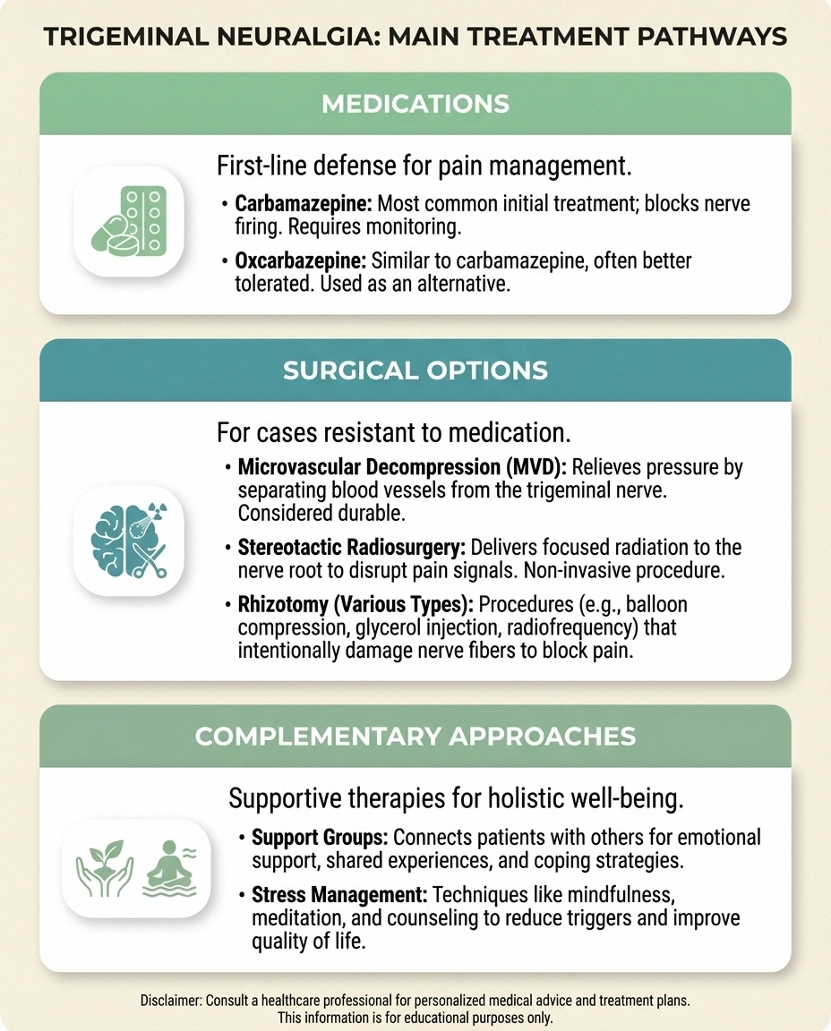 A visual comparison chart showing the three main treatment pathways for trigeminal neuralgia: Medications (pills icon, listing carbamazepine and oxcarbazepine), Surgical Options (three sub-types: MVD, radiosurgery, rhizotomy with brief descriptions), and Complementary Approaches (support groups, stress management). Organized in a clean three-column layout.