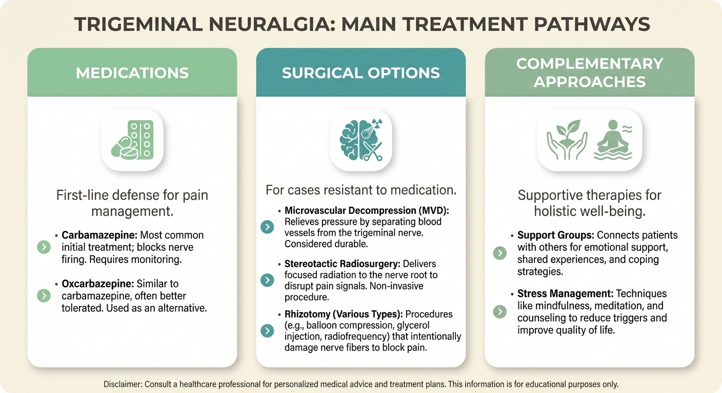 A visual comparison chart showing the three main treatment pathways for trigeminal neuralgia: Medications (pills icon, listing carbamazepine and oxcarbazepine), Surgical Options (three sub-types: MVD, radiosurgery, rhizotomy with brief descriptions), and Complementary Approaches (support groups, stress management). Organized in a clean three-column layout.