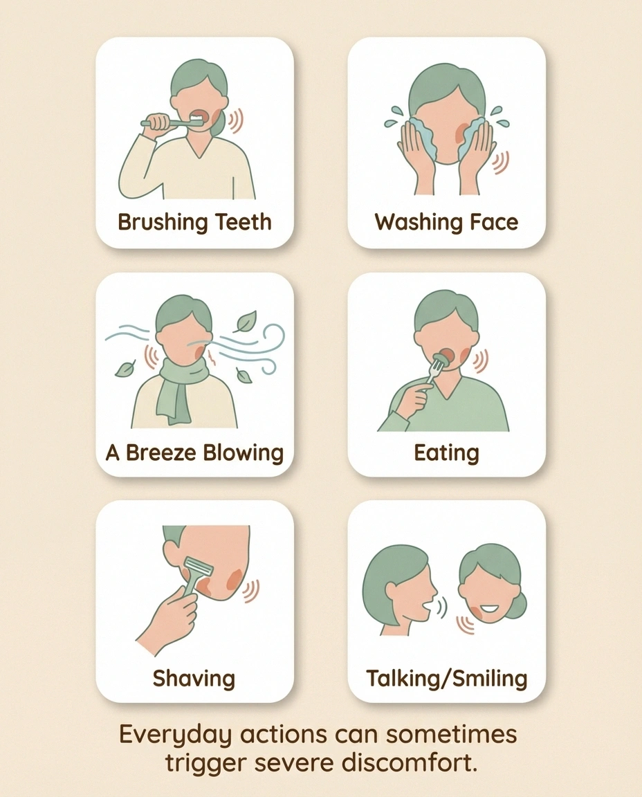 A visual grid showing common trigeminal neuralgia triggers. Six small illustrations in a two-by-three grid: brushing teeth, washing face, eating, a breeze blowing, shaving, and talking/smiling. Each illustration has a simple label beneath it. The overall design conveys that everyday actions can trigger severe pain.