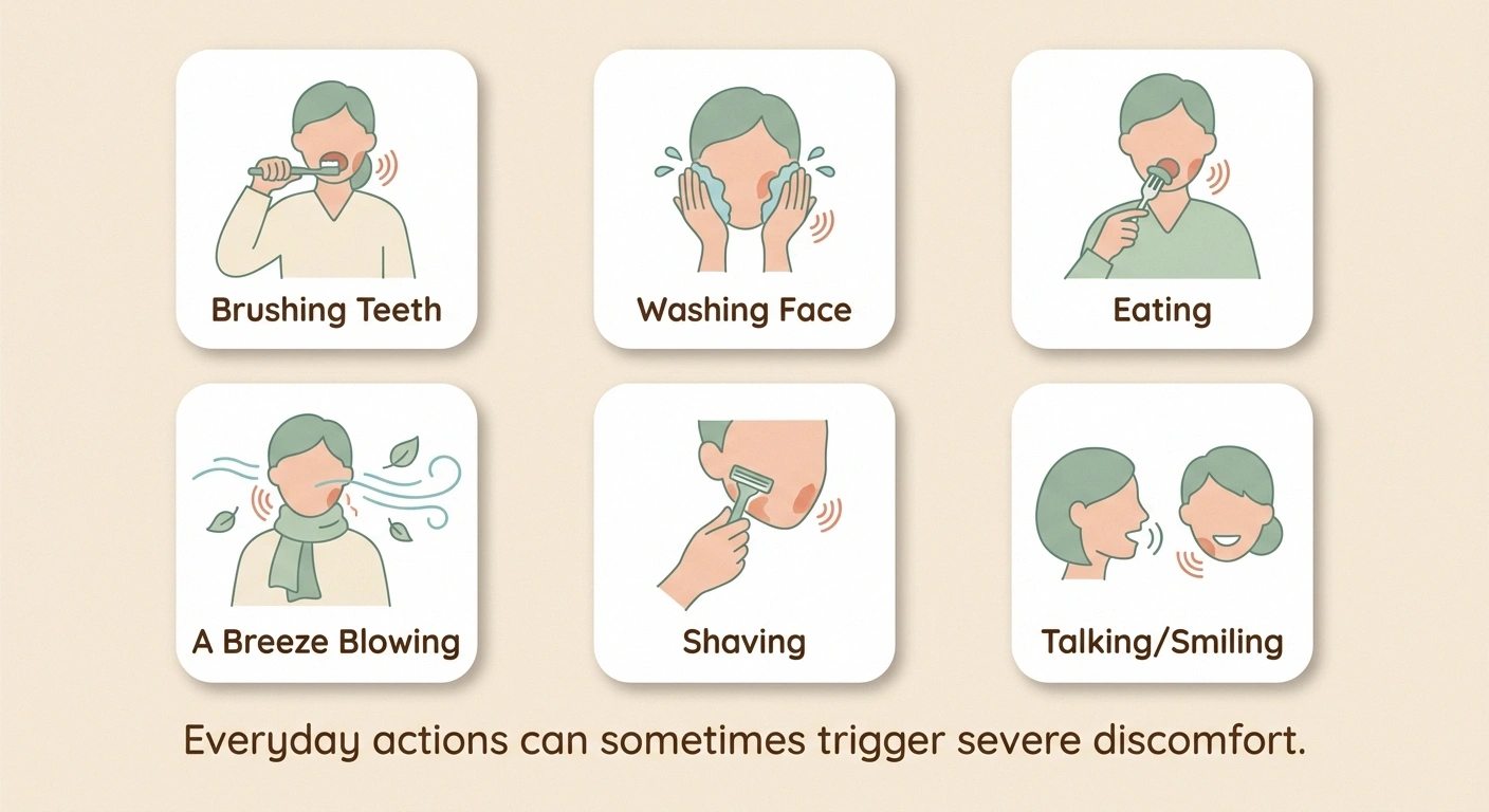 A visual grid showing common trigeminal neuralgia triggers. Six small illustrations in a two-by-three grid: brushing teeth, washing face, eating, a breeze blowing, shaving, and talking/smiling. Each illustration has a simple label beneath it. The overall design conveys that everyday actions can trigger severe pain.