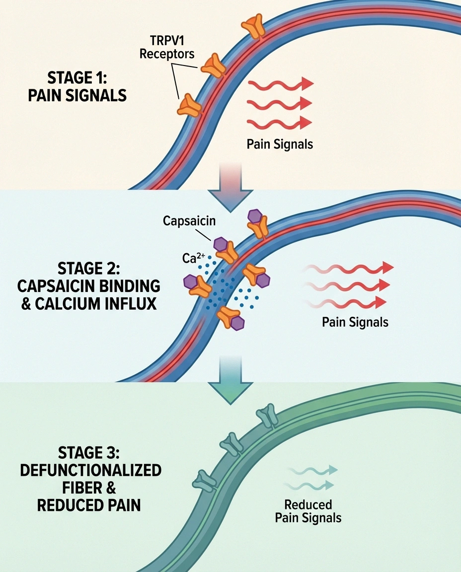 3-stage horizontal flow: Stage 1 (nerve fiber with active TRPV1 receptors sending pain signals), Stage 2 (capsaicin binding, calcium influx), Stage 3 (defunctionalized fiber, reduced pain signals). Simple, clean medical illustration style with NR colors. Labels clear and large. Teal/green palette for positive outcome.