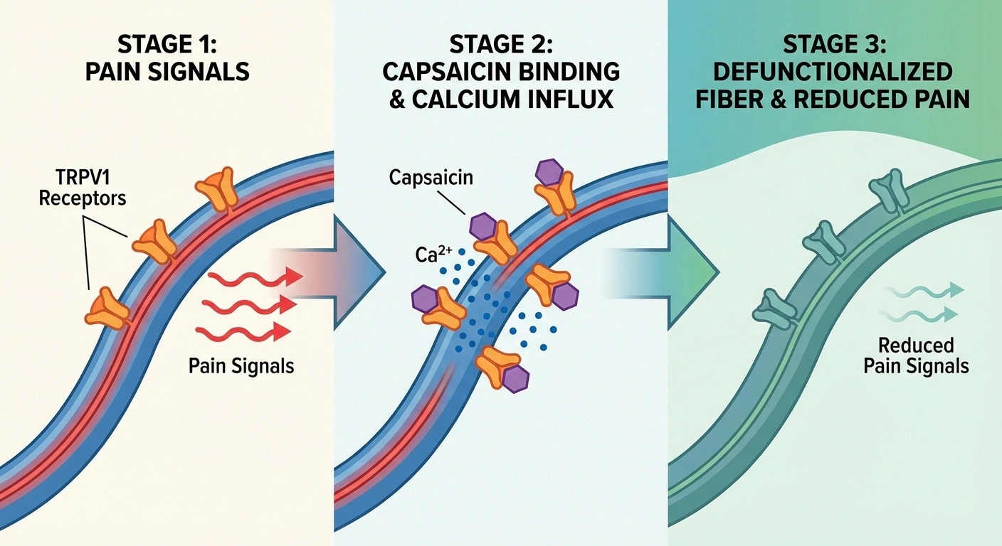 3-stage horizontal flow: Stage 1 (nerve fiber with active TRPV1 receptors sending pain signals), Stage 2 (capsaicin binding, calcium influx), Stage 3 (defunctionalized fiber, reduced pain signals). Simple, clean medical illustration style with NR colors. Labels clear and large. Teal/green palette for positive outcome.
