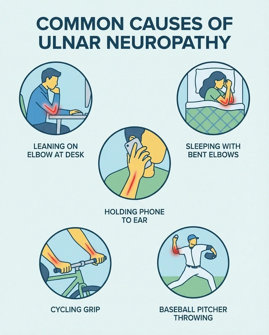 Visual guide showing common causes of ulnar neuropathy: person leaning on elbow at desk, sleeping with bent elbows, holding phone to ear, cycling grip, baseball pitcher throwing. Each scenario shown as a small vignette or icon-style illustration with clear labels.