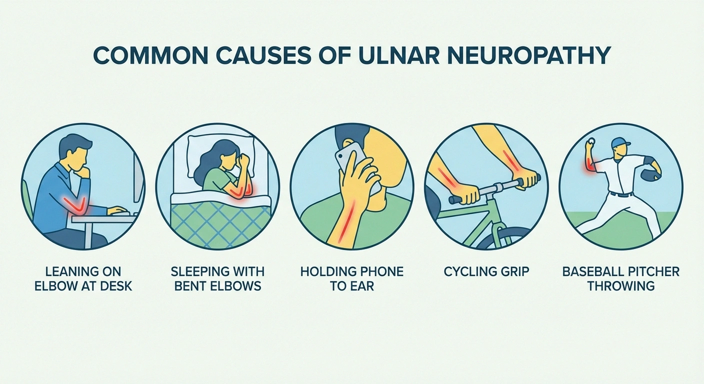 Visual guide showing common causes of ulnar neuropathy: person leaning on elbow at desk, sleeping with bent elbows, holding phone to ear, cycling grip, baseball pitcher throwing. Each scenario shown as a small vignette or icon-style illustration with clear labels.