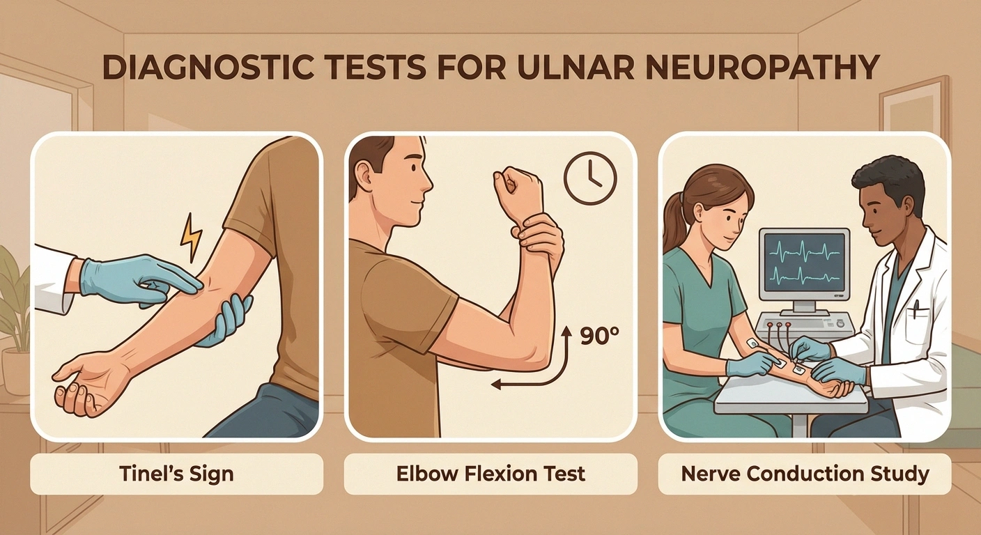 Photograph or illustration showing diagnostic tests for ulnar neuropathy: Tinel's sign (tapping the elbow), elbow flexion test (arm bent with wrist flexed), and a nerve conduction study being performed on the arm. Clean, reassuring presentation.