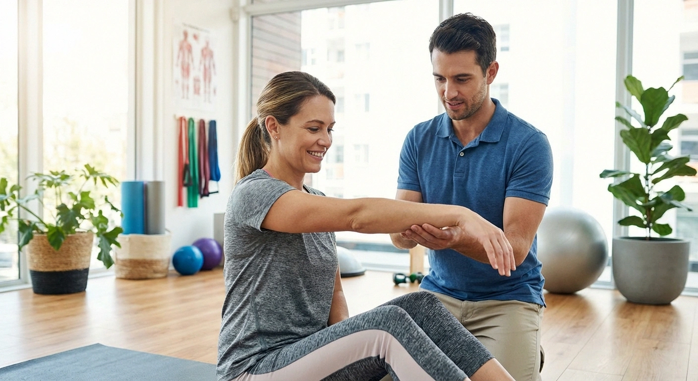 Photograph of a person performing gentle nerve gliding exercises for the arm — arm extended, wrist flexed, with a physical therapist guiding them. Bright, positive physical therapy or home exercise setting. Conveys active self-management and recovery.