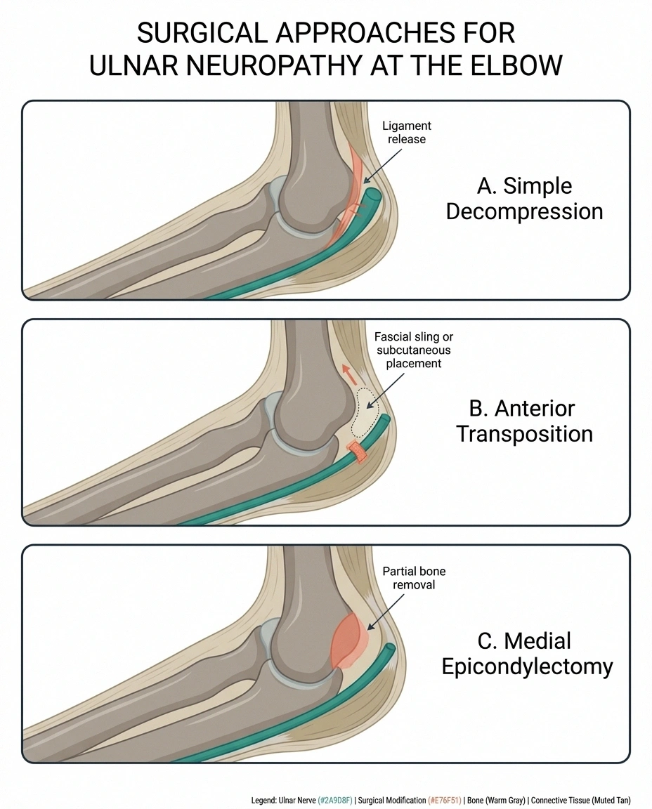 Clean, labeled medical illustration showing the three main surgical approaches for ulnar neuropathy at the elbow, presented as three side-by-side cross-section panels of the inner elbow: