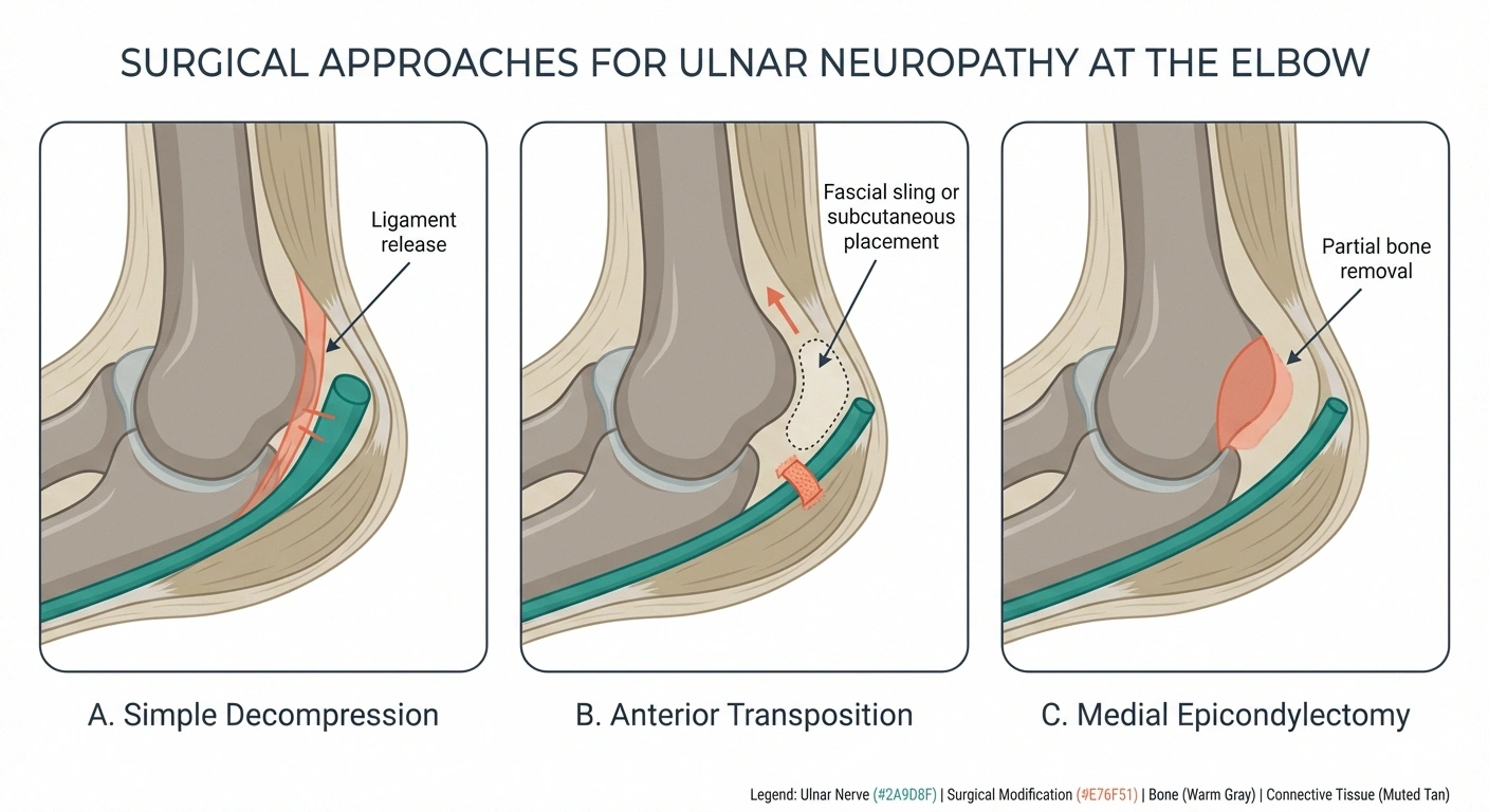 Clean, labeled medical illustration showing the three main surgical approaches for ulnar neuropathy at the elbow, presented as three side-by-side cross-section panels of the inner elbow: