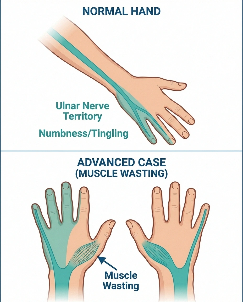 Illustration of a hand showing the ulnar nerve distribution pattern — the ring finger (half) and pinky finger highlighted to show where numbness and tingling occur. Additional visual showing muscle wasting between knuckles in advanced cases vs. normal hand. Before/after comparison.