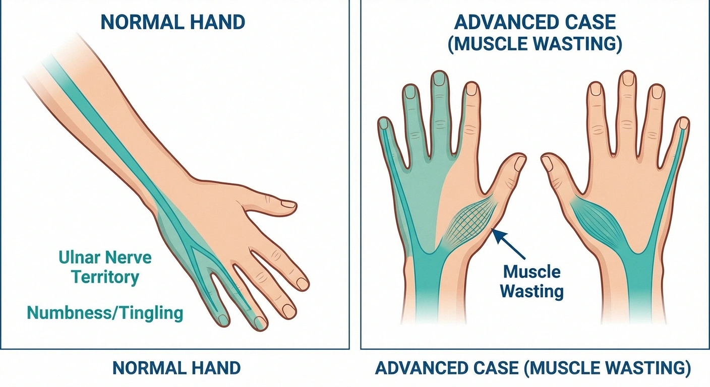 Illustration of a hand showing the ulnar nerve distribution pattern — the ring finger (half) and pinky finger highlighted to show where numbness and tingling occur. Additional visual showing muscle wasting between knuckles in advanced cases vs. normal hand. Before/after comparison.