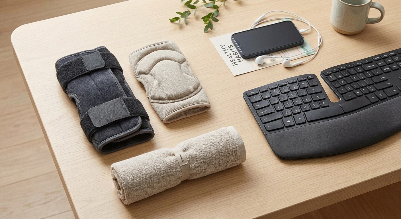 Flat-lay or arranged composition showing conservative treatment items for ulnar neuropathy: an elbow brace/splint, an elbow pad, a towel (for the night-wrapping technique), an ergonomic keyboard, and a phone with earbuds (to avoid holding to ear). Clean arrangement on a light surface.