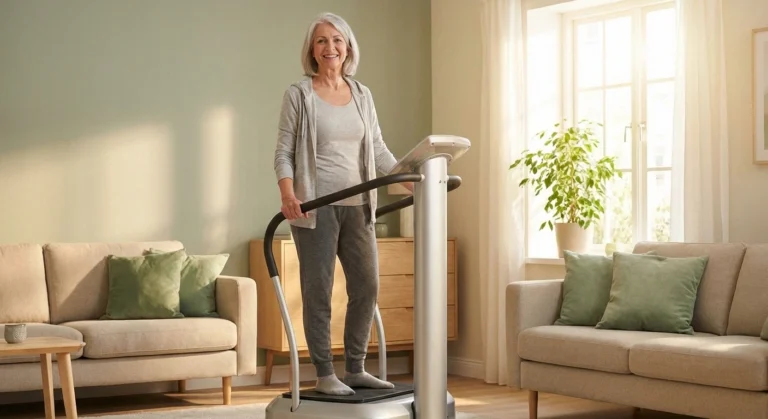 Senior woman using whole-body vibration plate at home for neuropathy pain relief