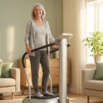 Senior woman using a whole-body vibration plate at home for neuropathy pain relief