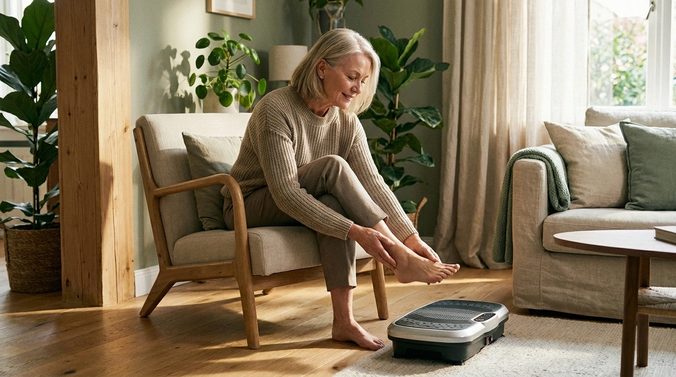Senior woman carefully checking her foot after a home vibration therapy session
