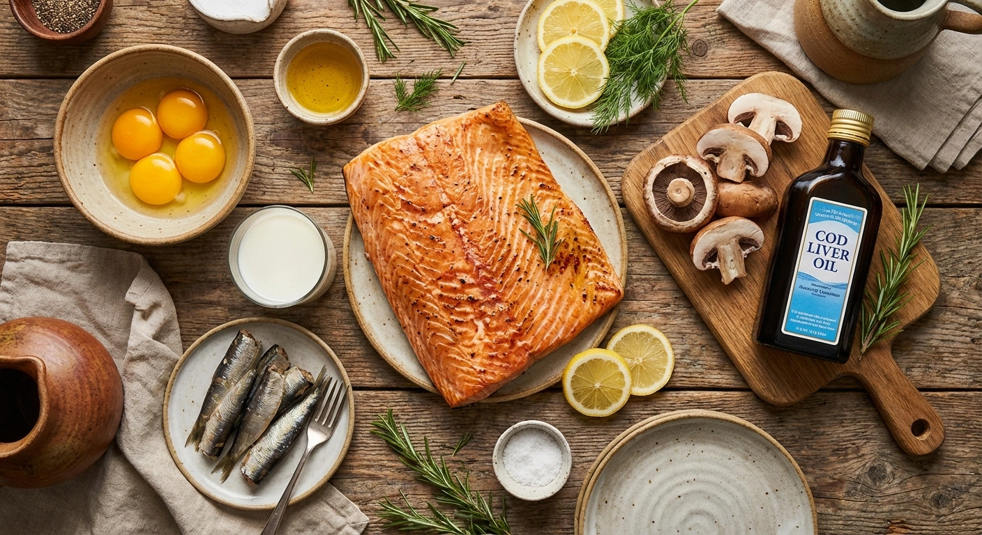 Overhead view of vitamin D rich foods including salmon eggs fortified milk sardines and mushrooms