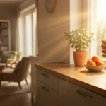 Person holding glass of juice by sunny window with vitamin D supplements on windowsill