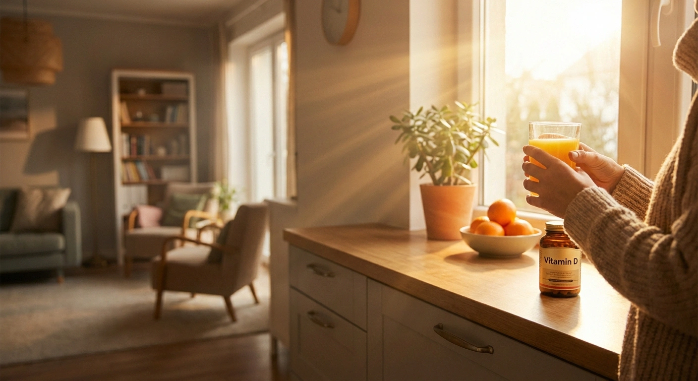 Person holding glass of juice by sunny window with vitamin D supplements on windowsill