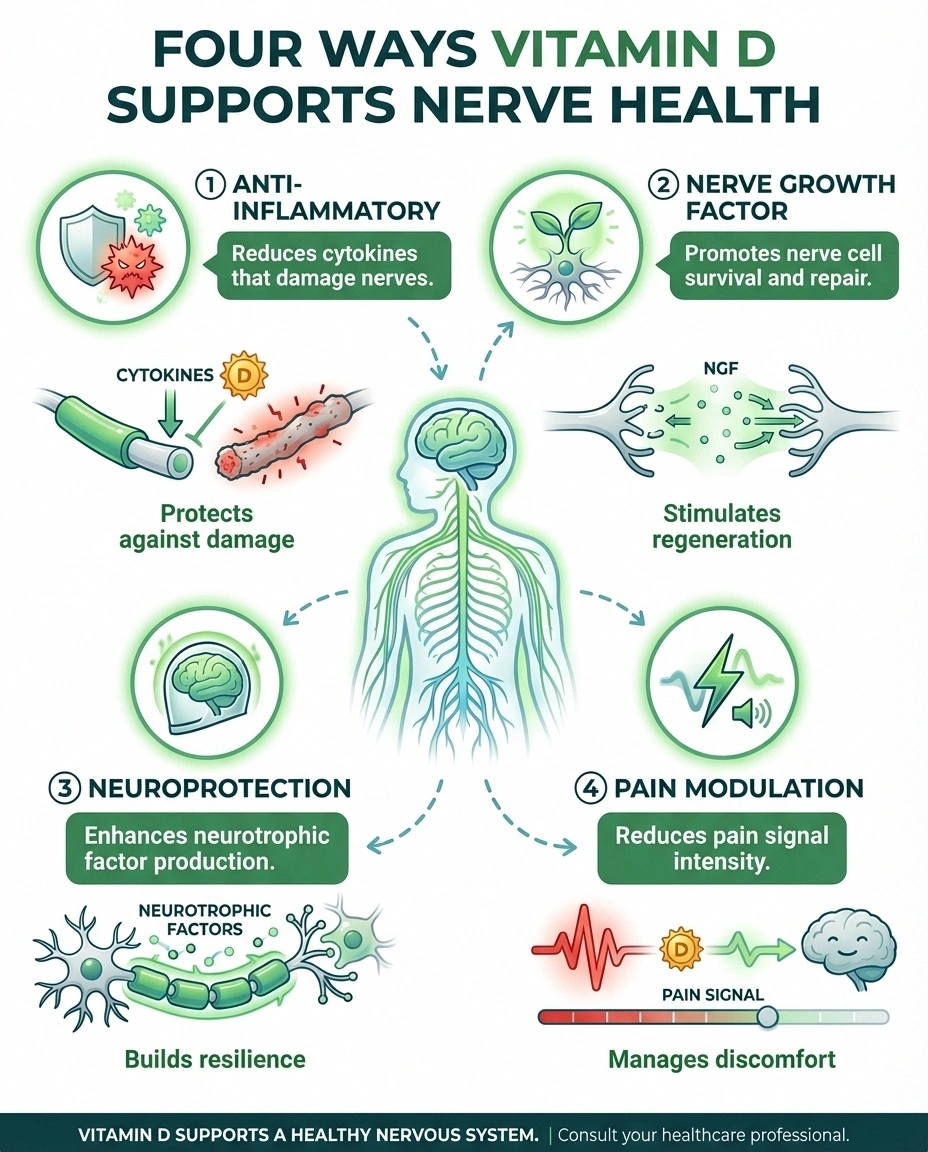 Infographic showing four ways vitamin D protects and supports nerve health including anti-inflammatory and nerve growth effects
