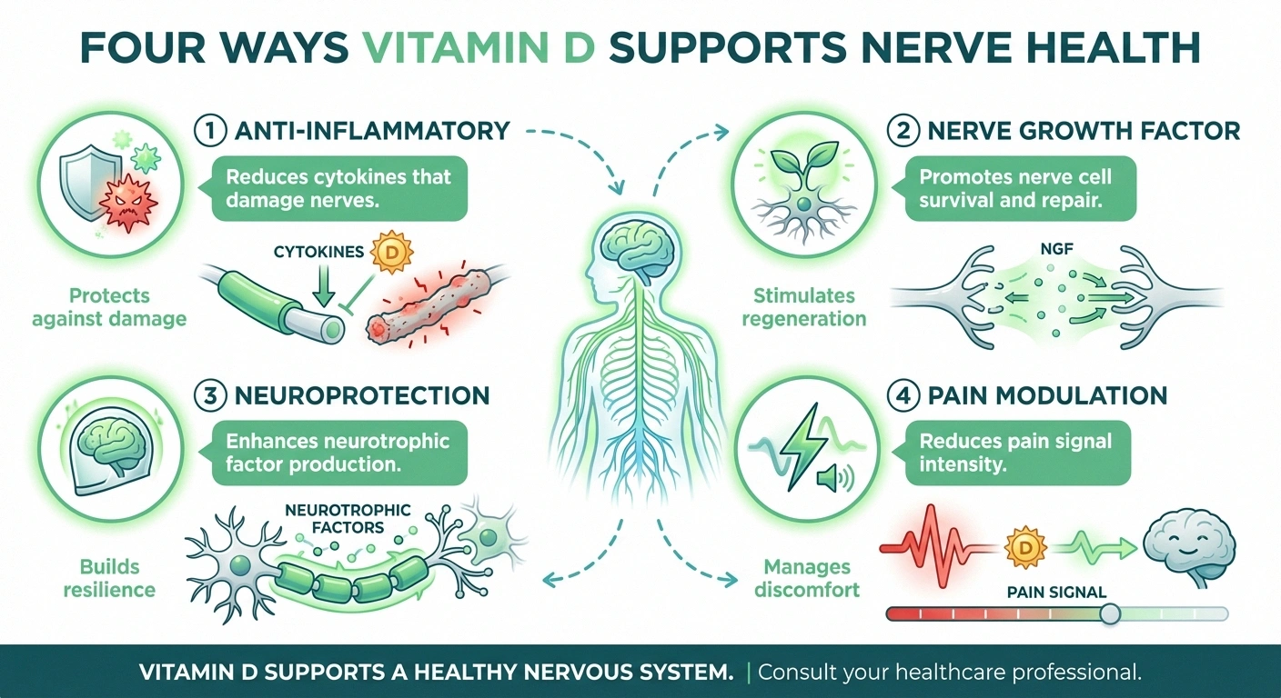 Infographic showing four ways vitamin D protects and supports nerve health including anti-inflammatory and nerve growth effects