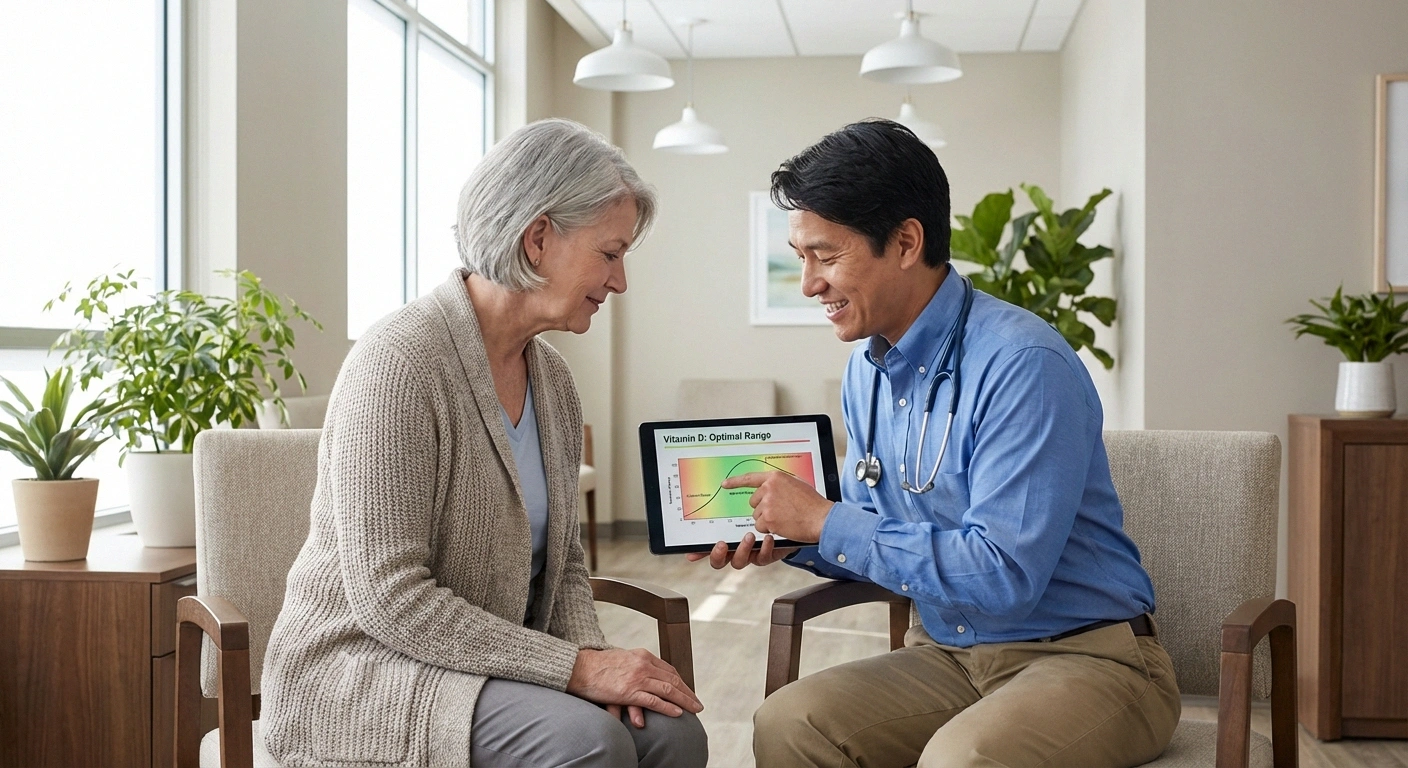 Patient and doctor reviewing vitamin D blood test results together in a bright modern exam room