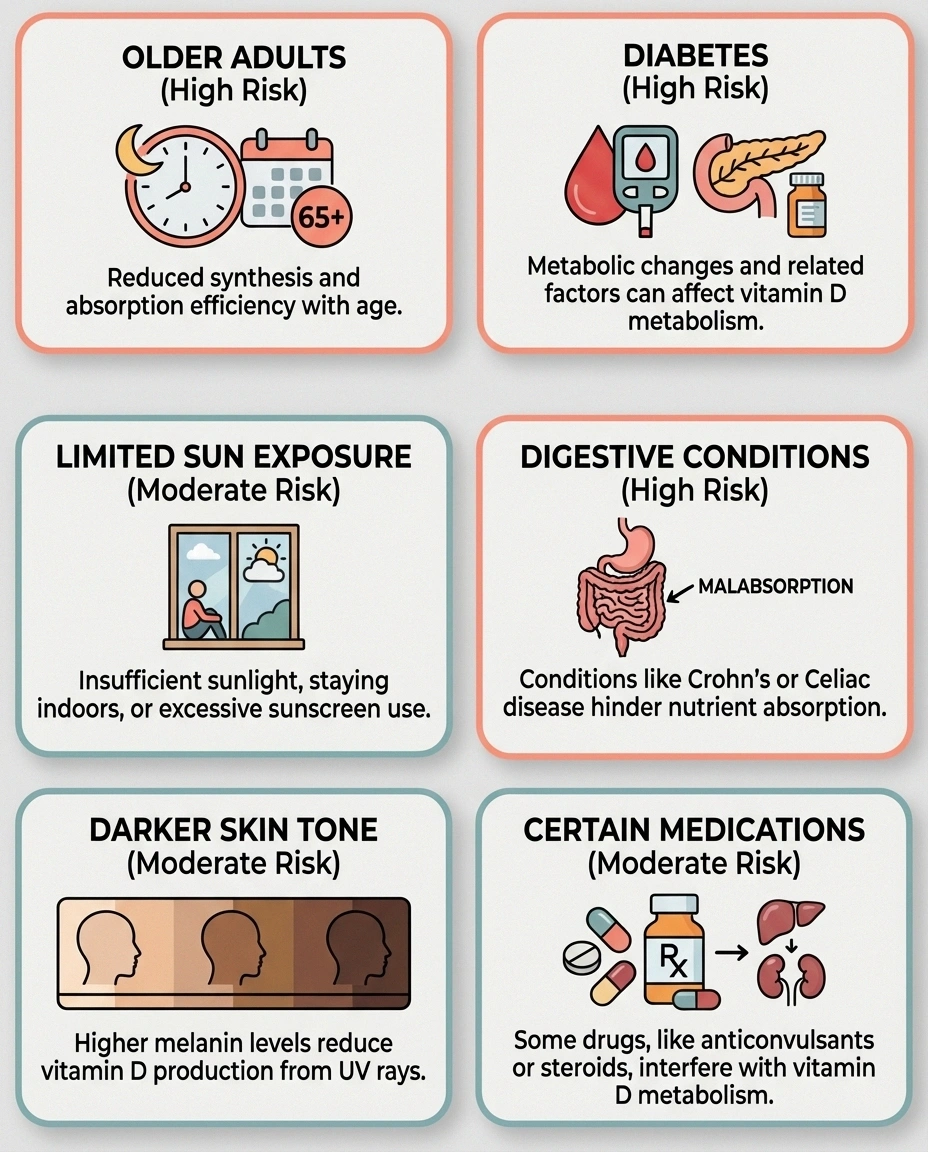 Risk factors for vitamin D deficiency including age sun exposure skin tone and diabetes