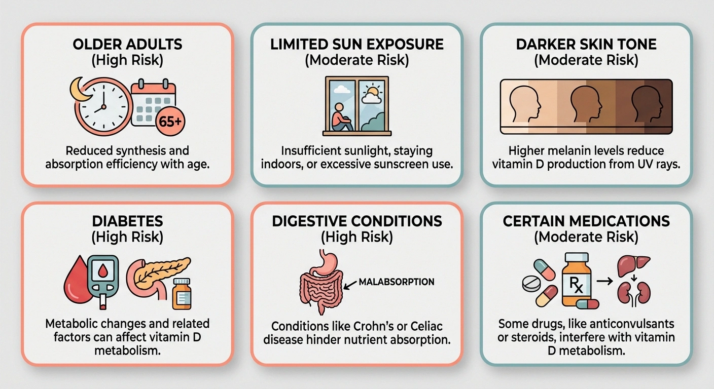 Risk factors for vitamin D deficiency including age sun exposure skin tone and diabetes