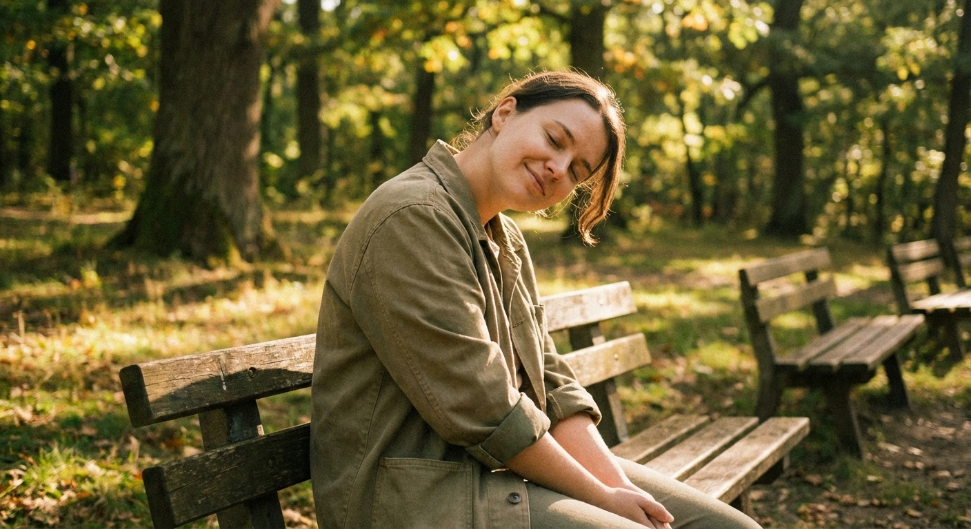 Person sitting in dappled sunlight at park enjoying safe sun exposure for vitamin D production
