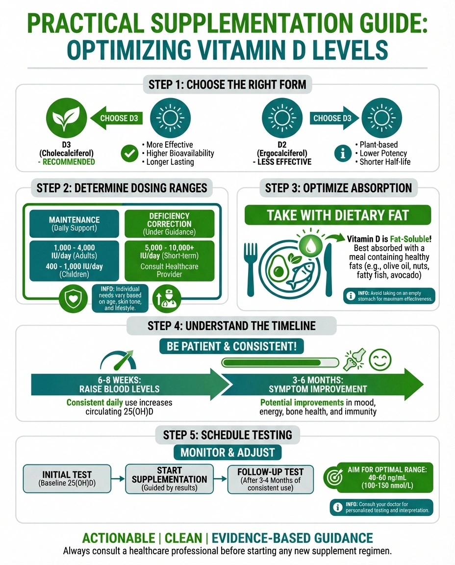 Practical guide to vitamin D supplementation showing dosing timeline and tips for neuropathy patients