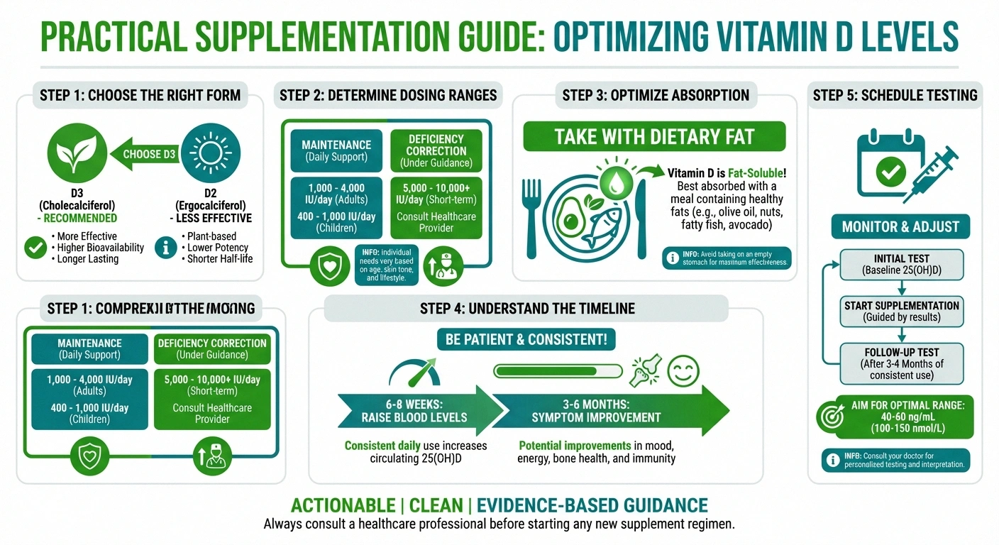 Practical guide to vitamin D supplementation showing dosing timeline and tips for neuropathy patients