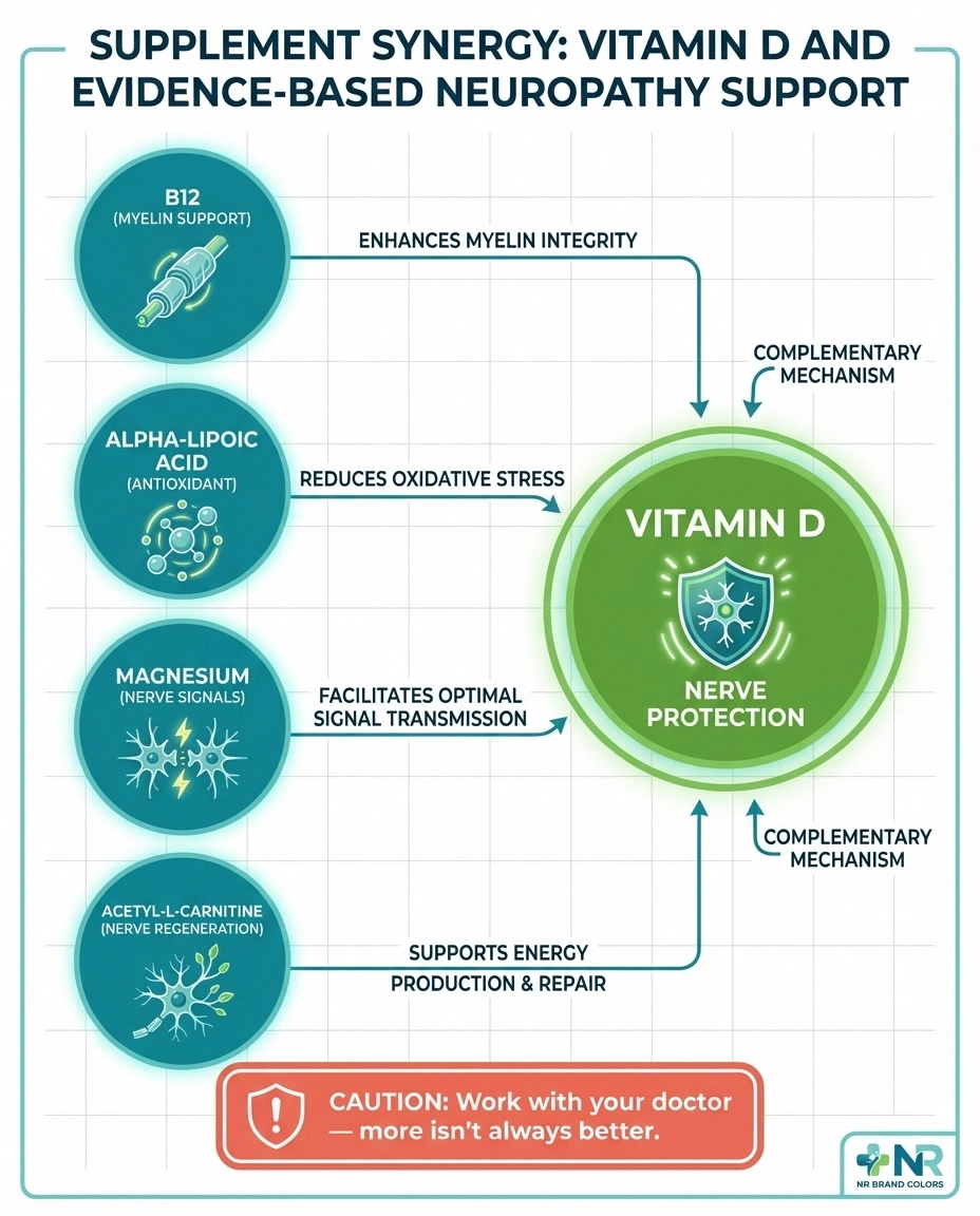 Infographic showing how vitamin D works with B12 alpha lipoic acid magnesium and other supplements for nerve health