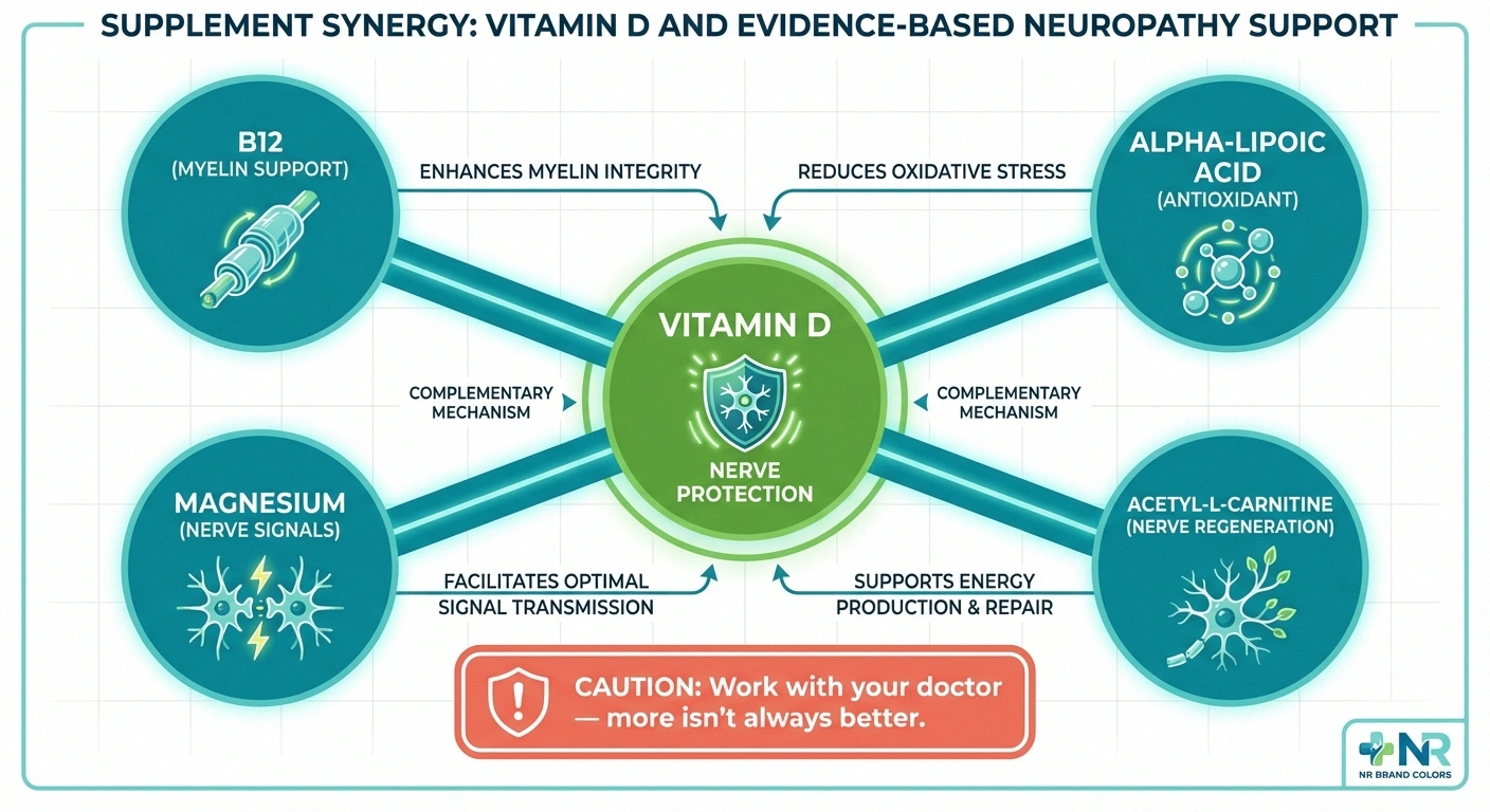 Infographic showing how vitamin D works with B12 alpha lipoic acid magnesium and other supplements for nerve health