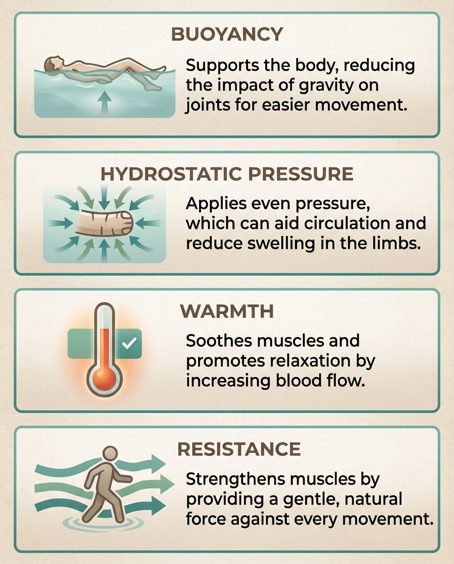 4-panel design with clean icons: buoyancy (person floating), hydrostatic pressure (arrows pointing inward), warmth (thermometer with optimal range), resistance (person walking against water arrows). NR color palette, teal/green accents. Each panel has property name, icon, and one-sentence benefit.