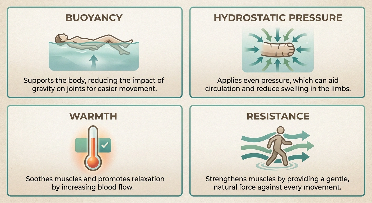 4-panel design with clean icons: buoyancy (person floating), hydrostatic pressure (arrows pointing inward), warmth (thermometer with optimal range), resistance (person walking against water arrows). NR color palette, teal/green accents. Each panel has property name, icon, and one-sentence benefit.