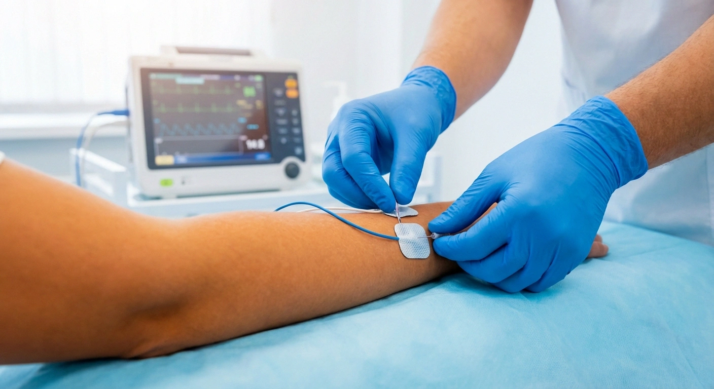 EMG nerve conduction study electrodes placed on patient forearm during specialized neuropathy diagnostic testing