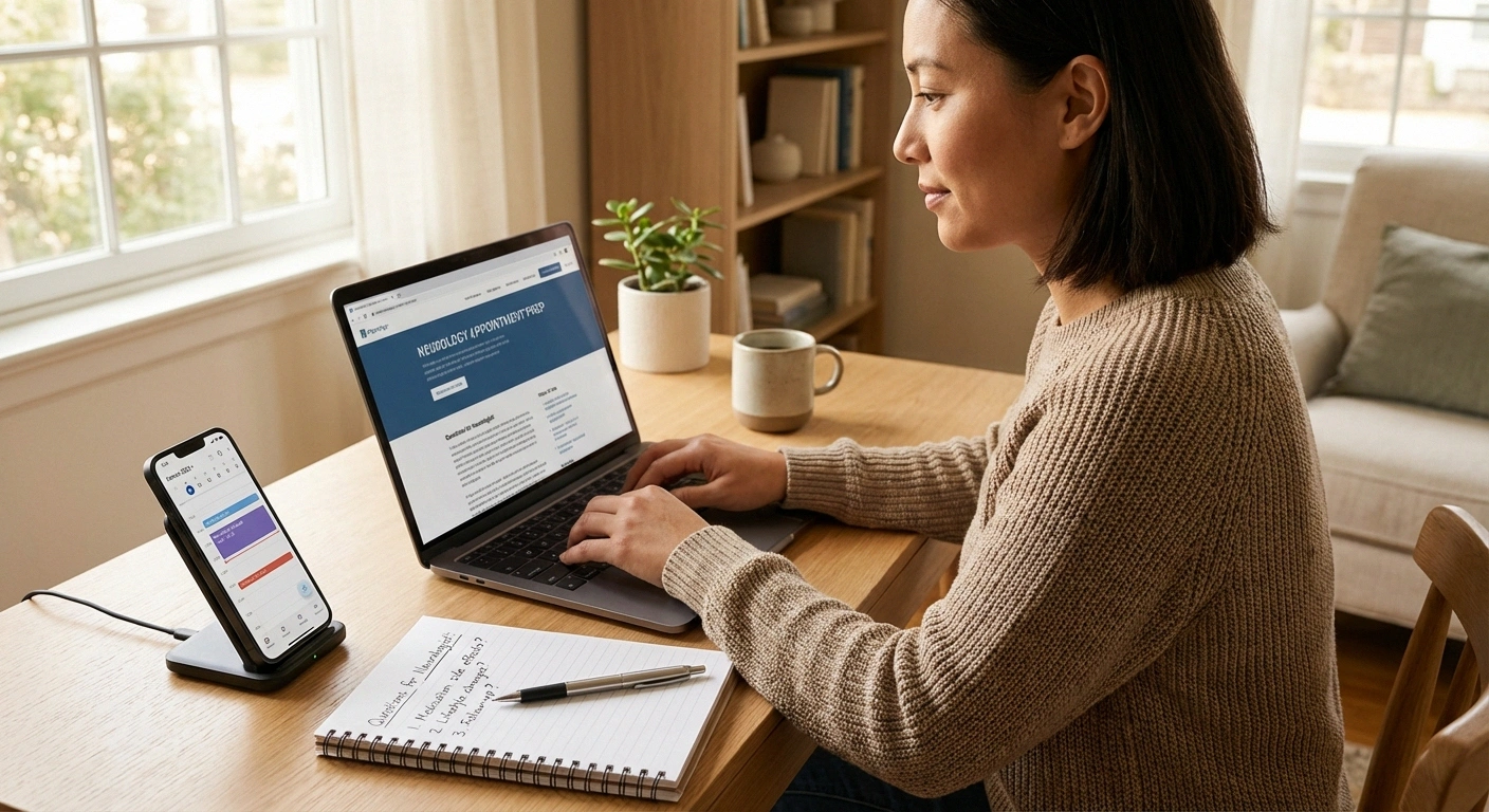 Person researching neurologist appointment information at a laptop with written questions and calendar showing upcoming appointment