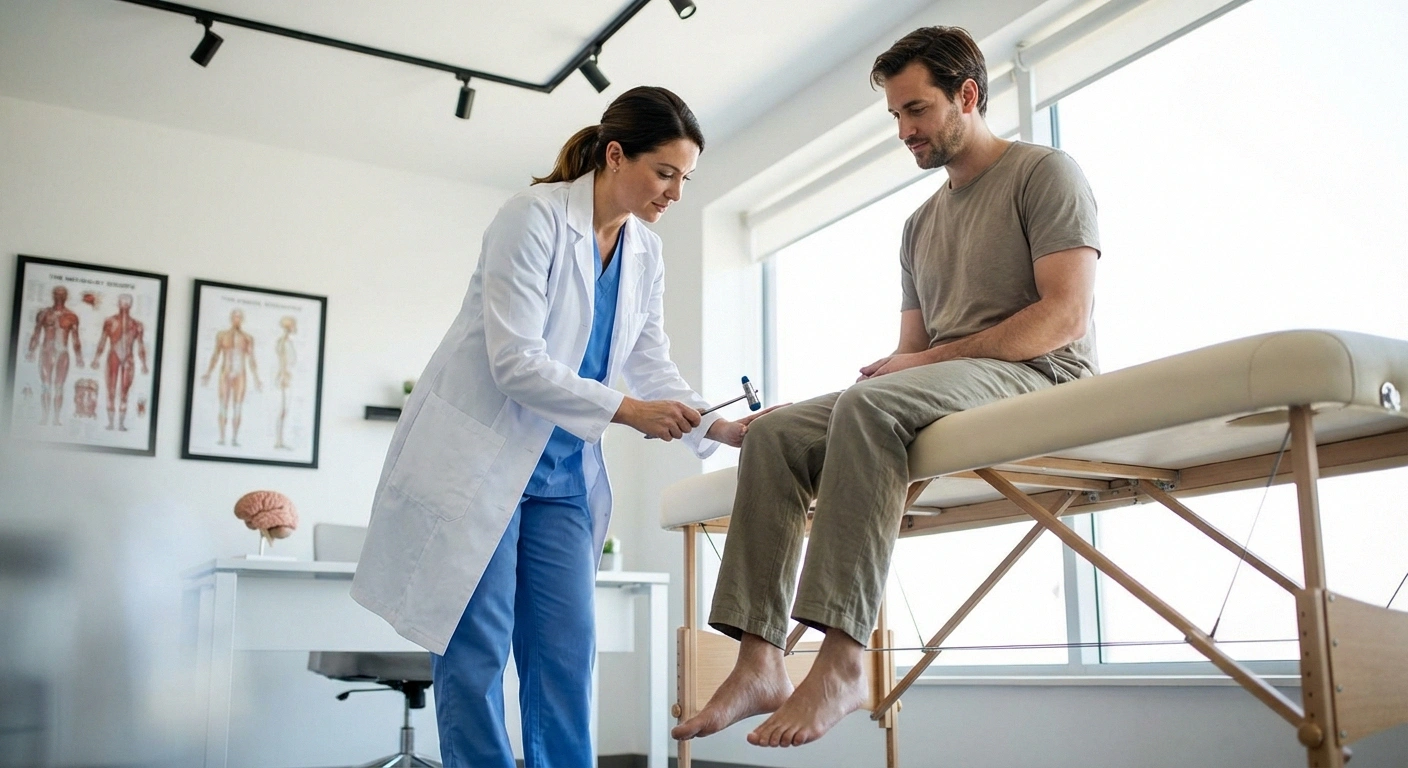 Neurologist performing a reflex test on patient knee during a first neurology appointment for neuropathy
