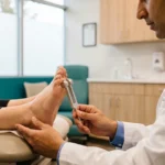 Neurologist testing foot sensation with a tuning fork during a neuropathy examination