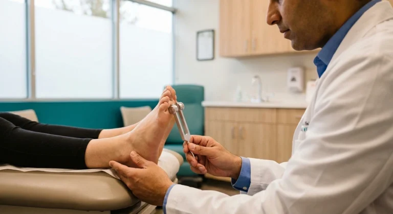 Neurologist testing foot sensation with a tuning fork during a neuropathy examination