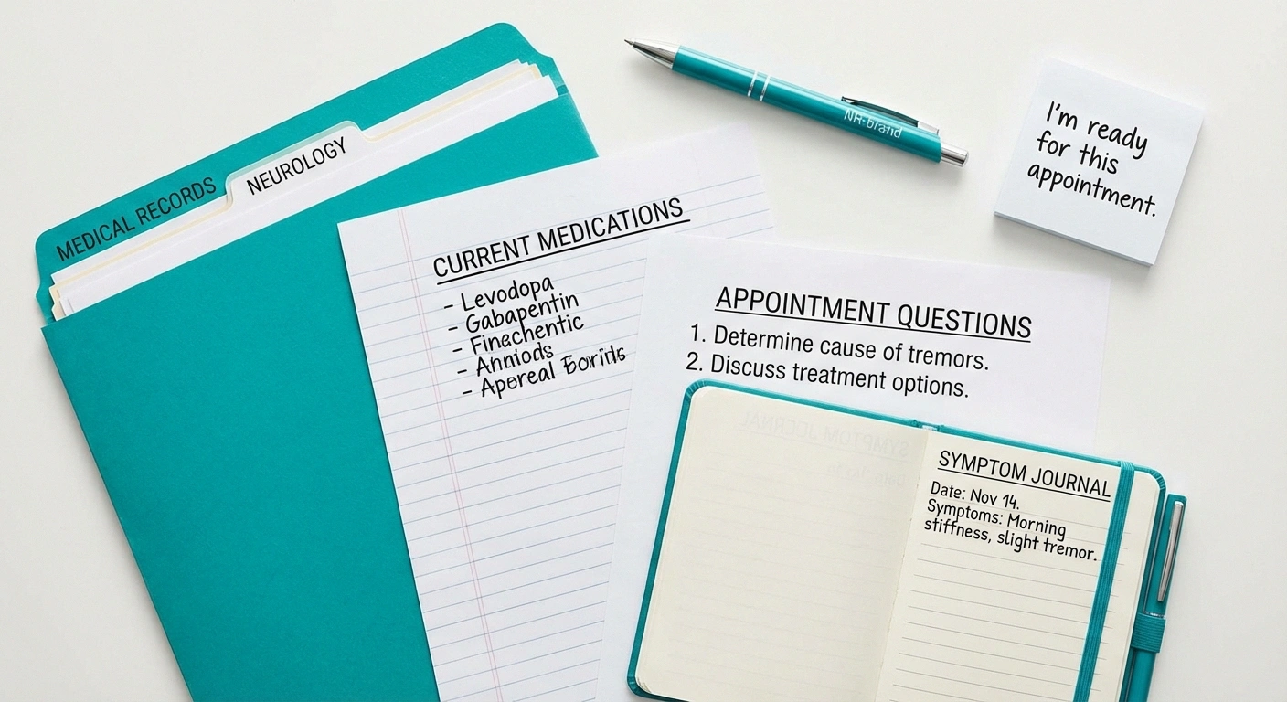 Organized preparation for a neurology appointment with medical records, medication list, questions, and symptom journal