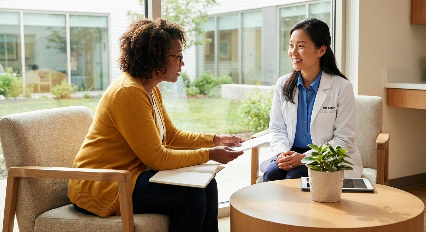 Patient discussing a neurologist referral request with their primary care doctor during an office visit