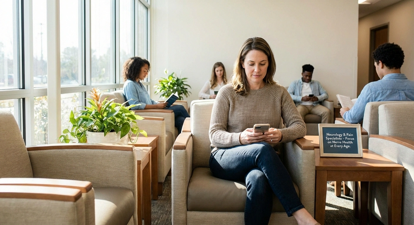 Young adult waiting in a modern neurology office waiting room for a neuropathy specialist appointment