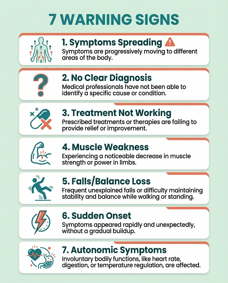 Infographic showing seven warning signs that indicate it is time to see a neurologist for neuropathy