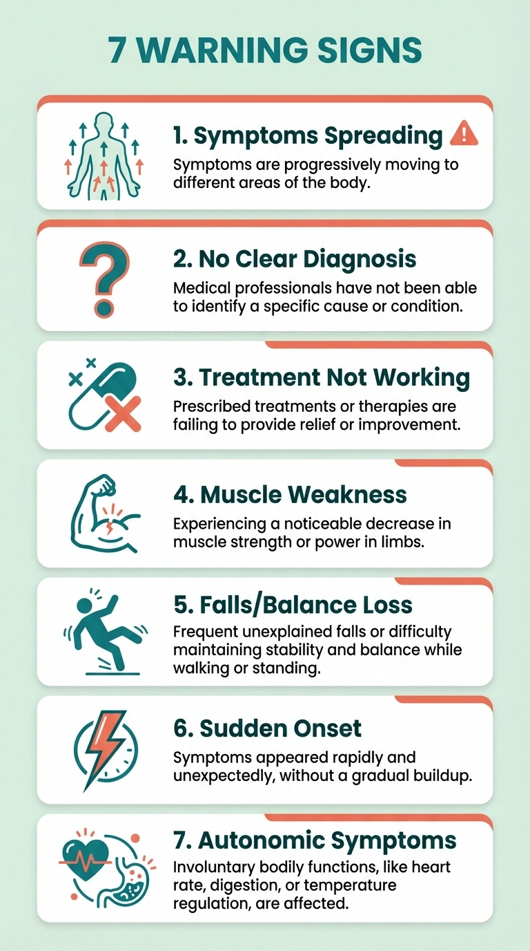 Infographic showing seven warning signs that indicate it is time to see a neurologist for neuropathy