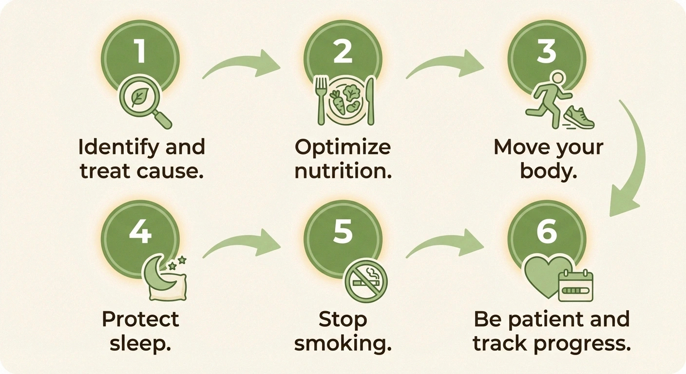 Six actionable steps you can take today to support nerve regeneration including addressing root causes, optimizing nutrition, exercising, improving sleep, quitting smoking, and tracking progress