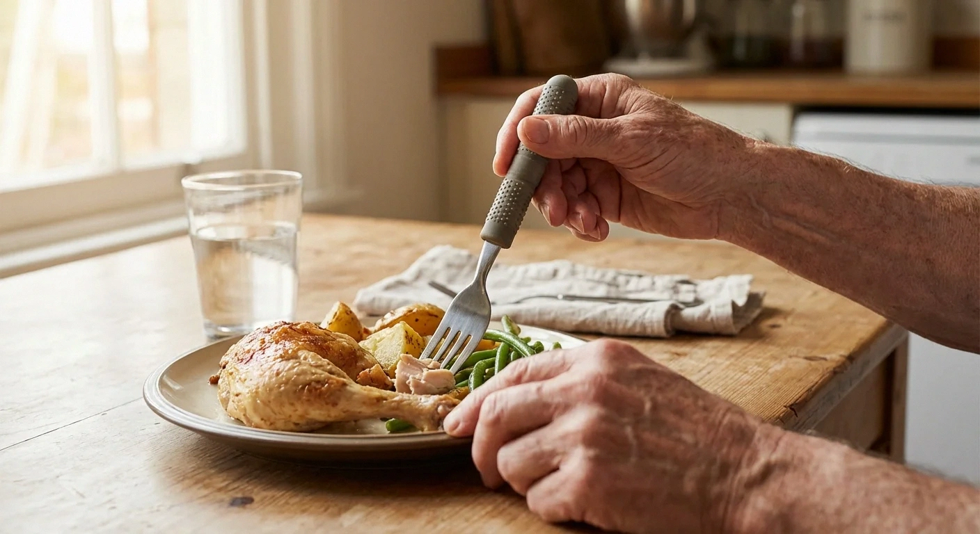 Older person using an adaptive grip utensil with a thick padded handle, demonstrating assistive dining tools for neuropathy