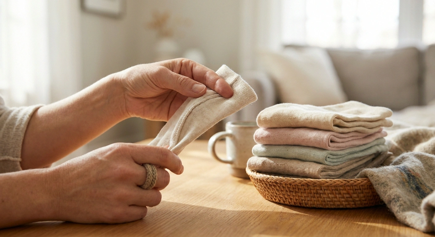 Woman with allodynia carefully checking sock seams to avoid tactile pain from fabric contact
