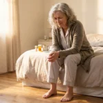 Woman with neuropathic allodynia experiencing pain from touch as her feet contact the floor