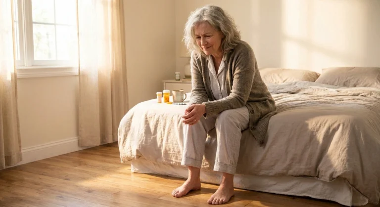 Woman with neuropathic allodynia experiencing pain from touch as her feet contact the floor