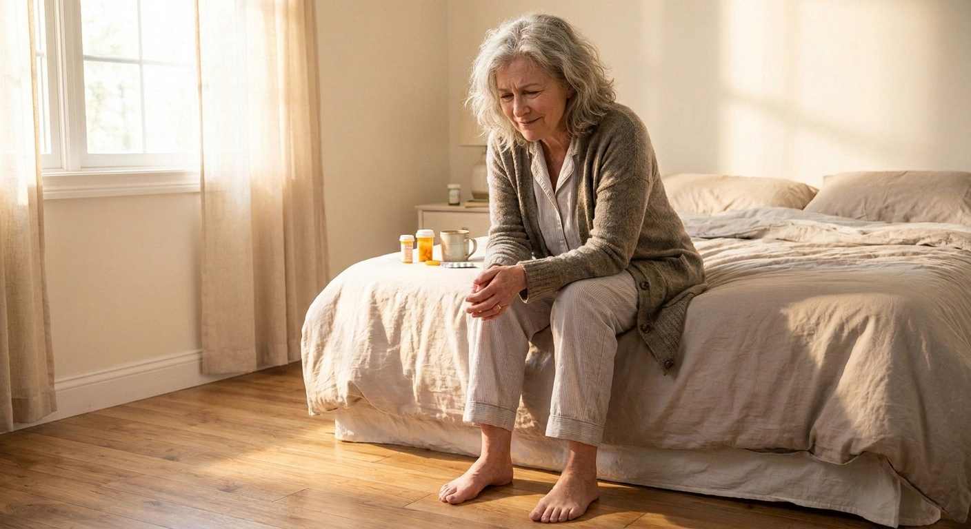 Woman with neuropathic allodynia experiencing pain from touch as her feet contact the floor